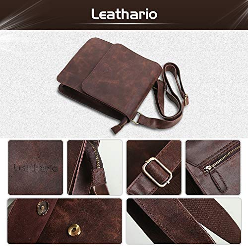 Leathario Bolso Bandolera Hombre de Cuero Vintage Pequeño Tipo Casual Crossbody Bolsa Hombro Piel Escolar Viaje para iPad 9.7 Pulgadas Marrón