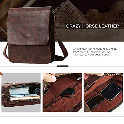 Leathario Bolso Bandolera Hombre de Cuero Vintage Pequeño Tipo Casual Crossbody Bolsa Hombro Piel Escolar Viaje para iPad 9.7 Pulgadas Marrón
