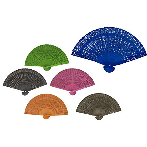 Lote de 12 Abanicos de Madera Calados de Sándalo Colores En Bolsa de Organza a Juego - Abanicos Muy Baratos, Ofertas, Stocks, Outlet para Detalles de Bodas, Abanicos Baratos para Invitadas