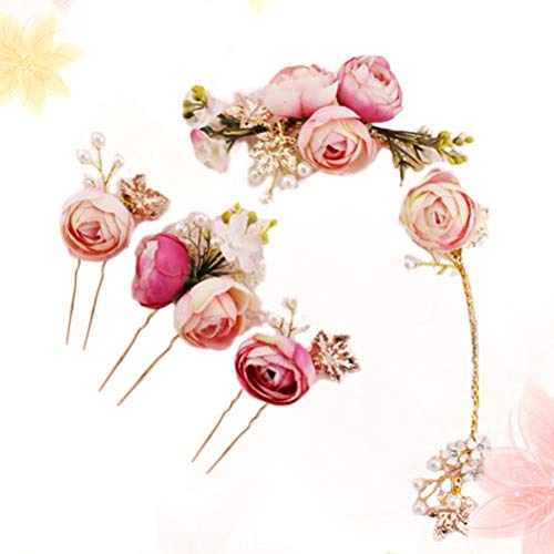 Lurrose 5 Unids En forma de U Rosa Flor de horquilla Comillas Laterales Francesas Pinzas para el cabello Accesorios de boda para la novia dama de honor (Rosa)