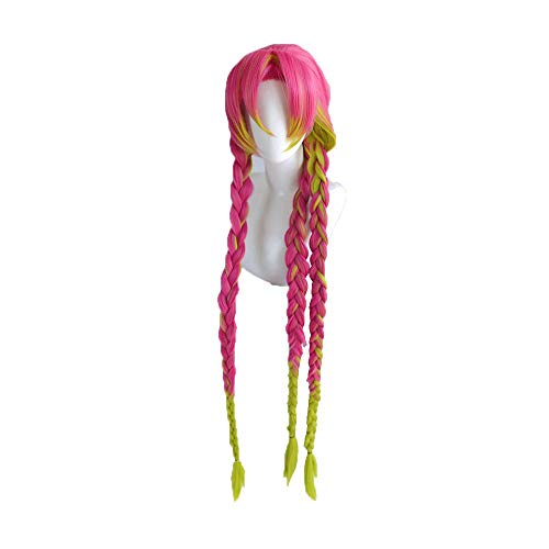 LZT 120cm/47Inch Long Rose Red Gradient Grass Green + Long Twist Braid Kanroji Mitsuri Cosplay Peluca para Demon Slayer-Kimetsu no Yaiba Girls Mujer Pelucas con gorra gratis(1418#)