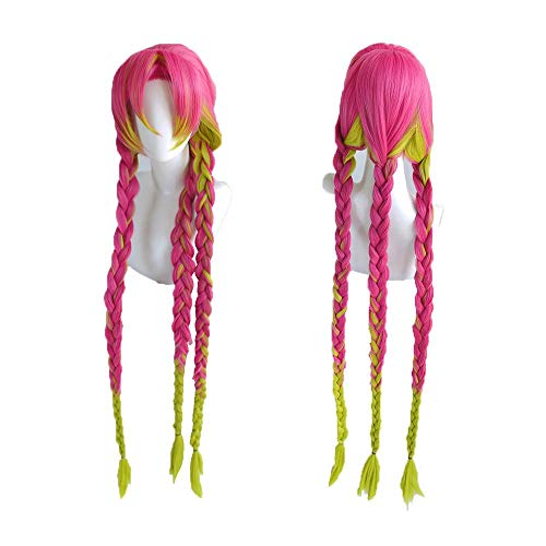 LZT 120cm/47Inch Long Rose Red Gradient Grass Green + Long Twist Braid Kanroji Mitsuri Cosplay Peluca para Demon Slayer-Kimetsu no Yaiba Girls Mujer Pelucas con gorra gratis(1418#)