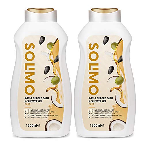 Marca Amazon - Solimo Baño de espuma y gel de ducha 2 en 1 con 7 aceites - Pack de 2 (1300ml x 2)