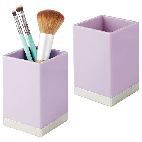 mDesign Juego de 2 organizadores de baño Decorativos de plástico sin BPA – Porta cepillos para Utensilios de baño – Vaso para cepillos de Dientes, maquinillas o cosméticos – Lila Claro y Plateado