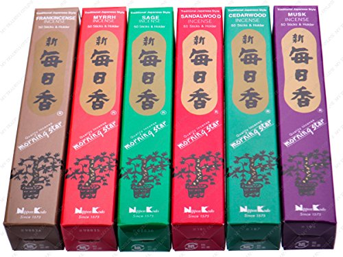 Morning Star - Varillas de incienso japonesas con aroma a madera de arena, 6 cajas de 50 varillas (salvia, sándalo, madera de cedro, almizcle, incienso y mirra)