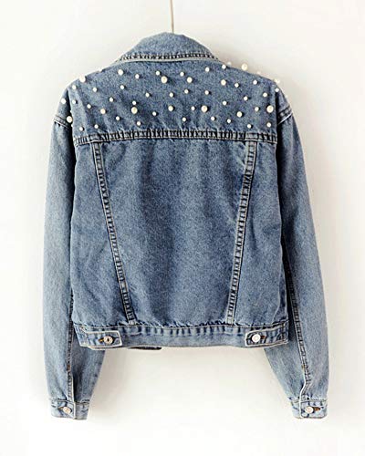 Mujer Chaqueta Vaquera con Botones Y Perla Manga Larga Casual Abrigo Azul 4XL