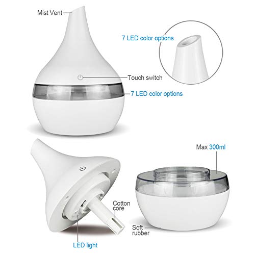 NEWKBO 300ml USB Aroma Esencial Difusor De Aceite Esencial Humidificador Ultrasónico con Grano De Madera Eléctrico Luces LED Difusor De Aroma para El Hogar (Blanco)
