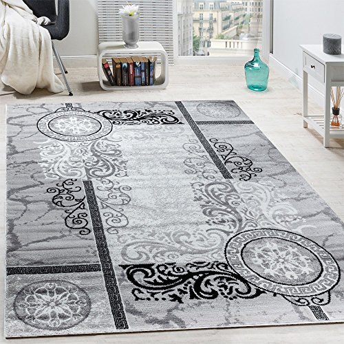 Paco Home Alfombra De Diseño Moderna Mezclada Floral con Estampado Meandro De Círculos Grises Y Negros, tamaño:200x280 cm