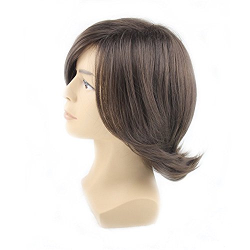 Peluca de pelo corto medio rizado con flequillo lateral para hombre cosplay fiesta peluca sintética de moda estilo europeo (marrón oscuro)