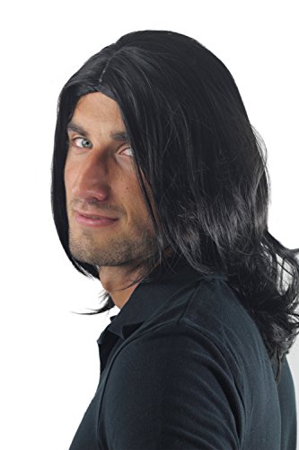Peluca masculina, pelo largo, juvenil, moderno, negro, raya al medio, estrella de rock, tipo roquero, GFW891-1B