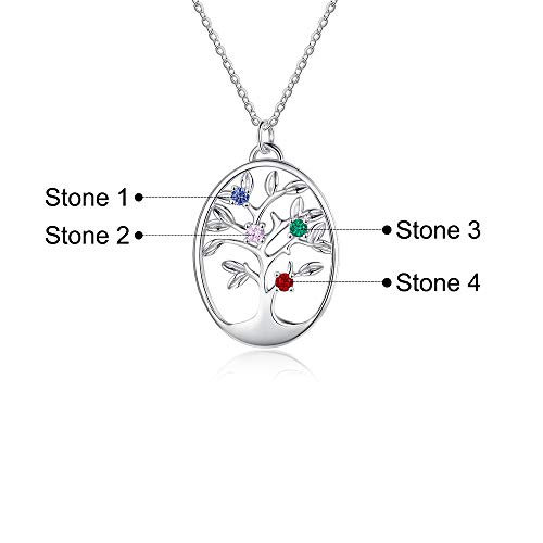 Personnalisé Arbre de Vie Collier Femmes Collier avec Pierre Simulée Gravure Mère Fille Cadeau de Famille pour l'Anniversaire de La Fête des Mères (4 stones)
