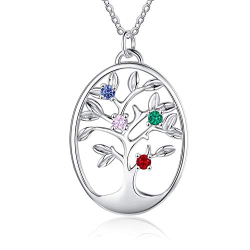 Personnalisé Arbre de Vie Collier Femmes Collier avec Pierre Simulée Gravure Mère Fille Cadeau de Famille pour l'Anniversaire de La Fête des Mères (4 stones)