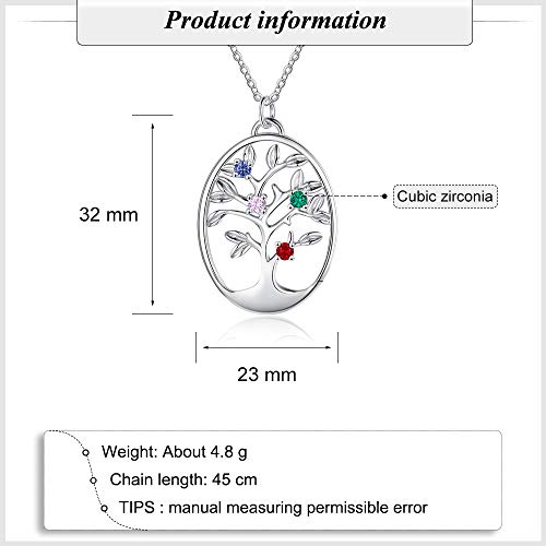 Personnalisé Arbre de Vie Collier Femmes Collier avec Pierre Simulée Gravure Mère Fille Cadeau de Famille pour l'Anniversaire de La Fête des Mères (4 stones)
