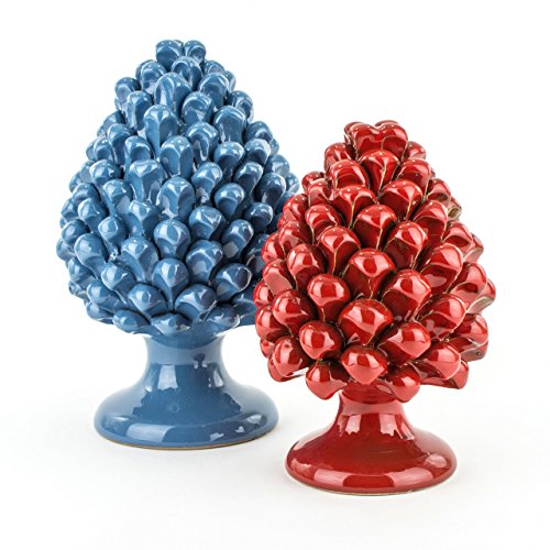 Piñas Siciliane Colores Marinos Azul y Coral, par Piñas de cerámica de Caltagirone Hechas a Mano