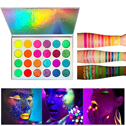 Pintura Que Brilla en la Oscuridad de 24 Colores, Paleta de Brillo de Sombra de Ojos de neón, Brillo UV, luz Negra Mate y Brillo, Kit de Maquillaje Altamente pigmentado, Fiesta de Halloween