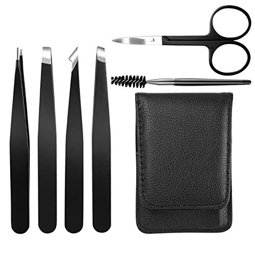 Pinzas de Depilar de Cejas, 4pz Pinzas de Precisión de Acero Inoxidable con Bolsa de cuero para depilación encarnada, Mujeres y Hombres
