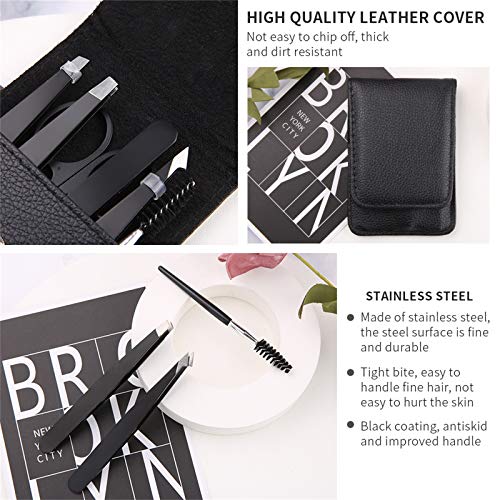 Pinzas de Depilar de Cejas, 4pz Pinzas de Precisión de Acero Inoxidable con Bolsa de cuero para depilación encarnada, Mujeres y Hombres