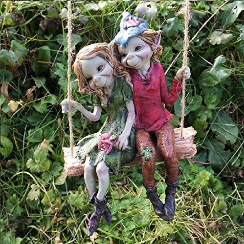 Pixie pareja colgante columpio, escultura misterio mágico alta calidad jardín decoración estatuillas elfo y hada niños, altura 12 cm