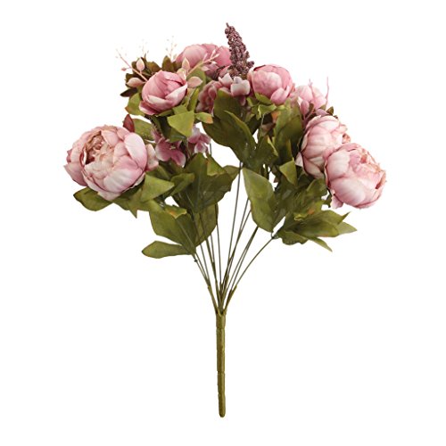 Plantas Flores de Peonía Hoja Ramo de Novia Artificial Seda Decoración Boda Casa Color Rosa Oscura