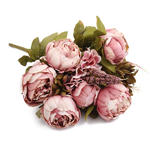 Plantas Flores de Peonía Hoja Ramo de Novia Artificial Seda Decoración Boda Casa Color Rosa Oscura