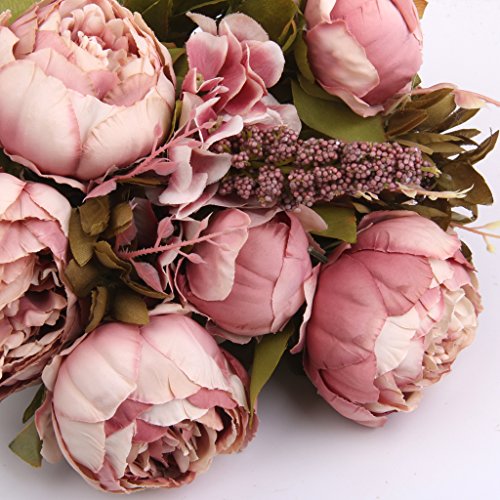 Plantas Flores de Peonía Hoja Ramo de Novia Artificial Seda Decoración Boda Casa Color Rosa Oscura