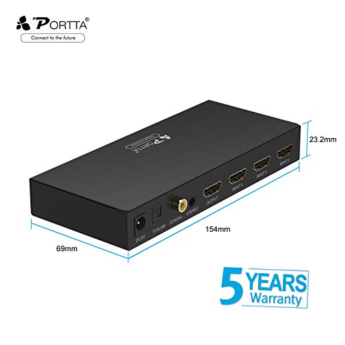 Portta HDMI Switch 4K@60HZ 4x1 Conmutador con Extractor de Audio Toslink SPDIF Óptico Coaxial Estéreo & ARC, 4 Entrada x 1 Salida con Control Remoto HDCP2.2 HDR 4Kx2K para PS3/PS4/X-BOX Pro DVD HDTV