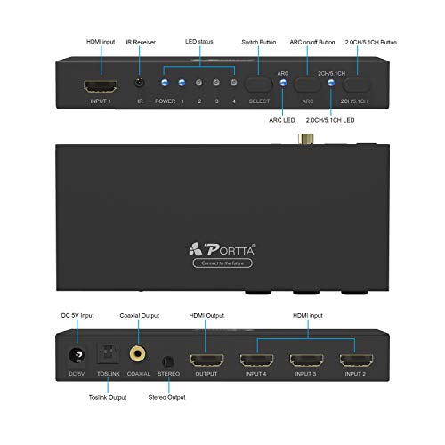 Portta HDMI Switch 4K@60HZ 4x1 Conmutador con Extractor de Audio Toslink SPDIF Óptico Coaxial Estéreo & ARC, 4 Entrada x 1 Salida con Control Remoto HDCP2.2 HDR 4Kx2K para PS3/PS4/X-BOX Pro DVD HDTV
