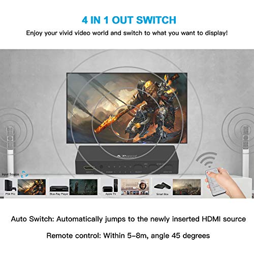 Portta HDMI Switch 4K@60HZ 4x1 Conmutador con Extractor de Audio Toslink SPDIF Óptico Coaxial Estéreo & ARC, 4 Entrada x 1 Salida con Control Remoto HDCP2.2 HDR 4Kx2K para PS3/PS4/X-BOX Pro DVD HDTV
