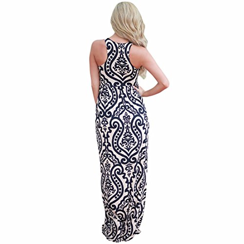QIYUN.Z Vestido Largo Sin Mangas Ocasional Largo De La Impresión del Damasco del Contraste del Albaricoque del Verano De Las Mujeres Vestido Largo Sin Mangas Ocasional De La Playa