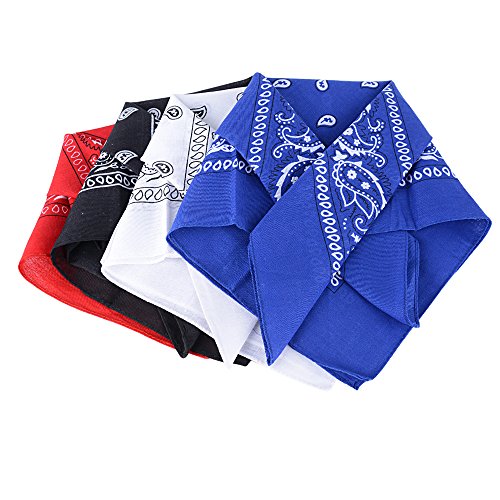 QUMAO Pañuelos Bandanas de Modelo de Paisley para Cuello/Cabeza Multicolor Múltiple para Mujer y Hombre (Pack de 4; Negro&blanco&rojo&azul)