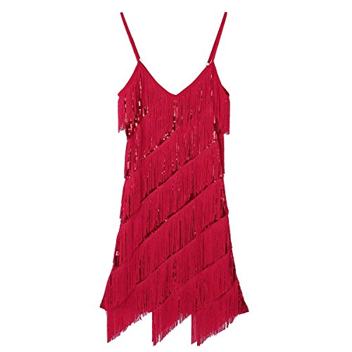 ranrann Vestido de Baile Latino Flecos para Mujer Vestido de Tango Salsa Rumba Lentejuelas Traje de Baile de Salón Cha Cha Disfraz Fiesta Noche Dancewear Rojo One_Size
