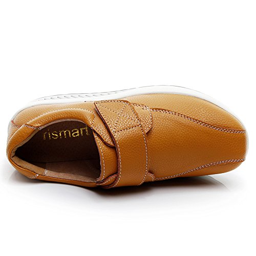 rismart Mujer Cuña Bucle Cómodo Linda Cuero Zapatillas Zapatos SN8787(Tan,EU40.5)