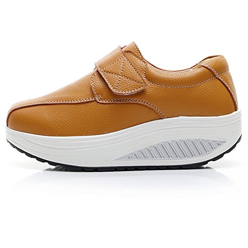 rismart Mujer Cuña Bucle Cómodo Linda Cuero Zapatillas Zapatos SN8787(Tan,EU40.5)