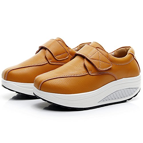 rismart Mujer Cuña Bucle Cómodo Linda Cuero Zapatillas Zapatos SN8787(Tan,EU40.5)