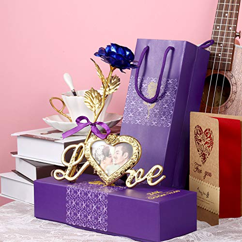 Rosa Artificial de Hoja de Oro con Base de Marco de Foto de Amor y Tarjeta de Felicitación, Flor de Plástico Regalo Romántico Rosa para Novia Esposa Encantadora Dama Amante en San Valentín (Azul Real)
