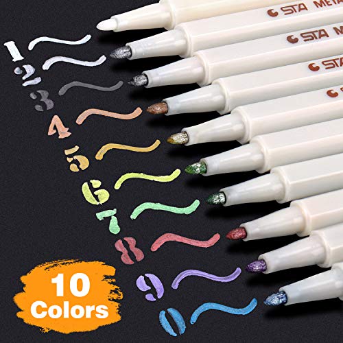 Rotuladores Metálicos Conjunto de 10 colores Marcador Metálico para Vaso Álbum de recortes Libro de fotos Libro de visitas Boda Papel negro Tarjetas Cerámica Plastico (Punta fina)