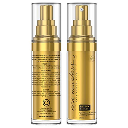 Sérum Facial de Retinol con Ácido Hialurónico 30ml - Suero Hidratante Contorno Ojos Antienvejecimiento, Antiarrugas y Antiedad, Reduce Arrugas de Expresión, Con Ácido Retinoico Puro, Eco Masters