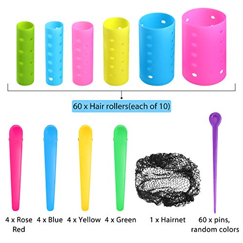 Set de 141 Rulos de Pelo Incluye 60 Rodillos de Pelo Lisos de Plástico con 60 Palillos, 20 Pinzas de Pelo de Dientes de Pato de Plástico y Malla de Pelo Negra Herramienta de Peinado, Colores al Azar