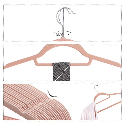 SONGMICS Perchas de Terciopelo, Paquete de 50, Antideslizantes, 0.6 cm Espesor, Espacio Mínimo, Ganchos Giratorios de 360°, 45 cm Ancho, para Abrigo, Chaqueta, Vestido, Pantalón, Rosa Claro CRF50PK