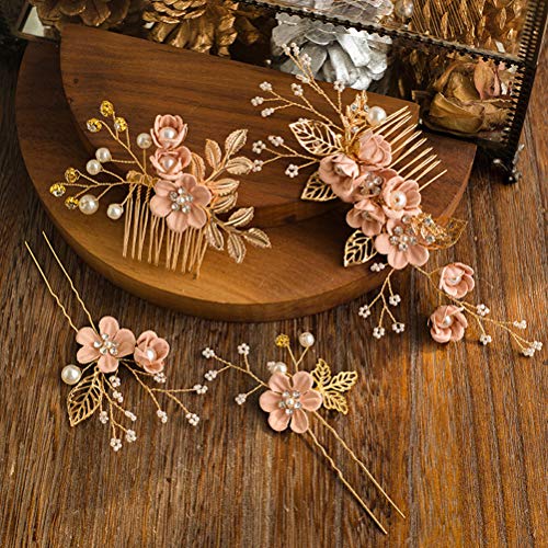 STOBOK 4pcs Pernos del Pelo de la Perla del Rhinestone del Peine del Pelo de la Boda para el Casco Nupcial de la Boda de Las Mujeres para Las Damas de Honor (Rosa)