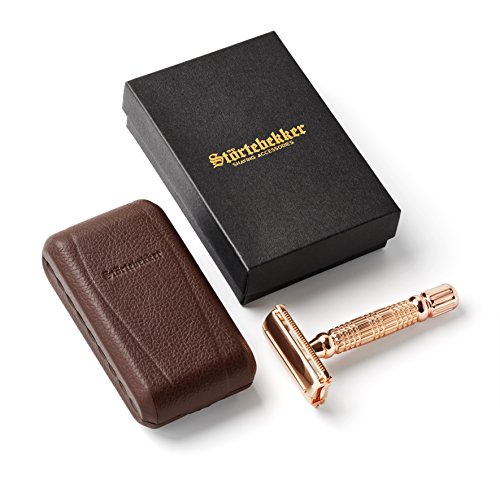 Störtebekker® Maquinilla de afeitar clásica en estuche de cuero hecho a mano [10 hojas Astra] - Cuchilla de afeitar de primera calidad - Set de afeitado con espejo integrado