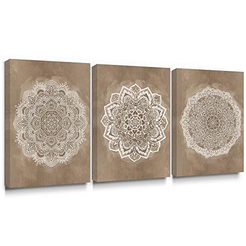 SUMGAR Mandala Mural Wall Art Impresiones en Lienzo Pintura de la Flor India Cuadro Floral de Boho Decoración de Color café café para Dormitorio baño Sala de Estar 30x40cmx3 Piezas