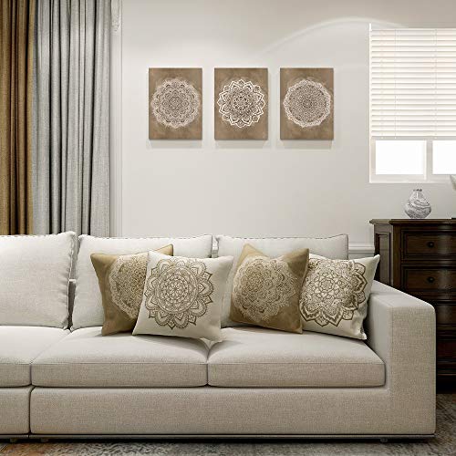 SUMGAR Mandala Mural Wall Art Impresiones en Lienzo Pintura de la Flor India Cuadro Floral de Boho Decoración de Color café café para Dormitorio baño Sala de Estar 30x40cmx3 Piezas