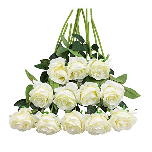 Tifuly 12 PCS Rosas Artificiales, Realista Largo Tallo Falso Rosa Seda Nupcial Ramo de Novia Flor para Home Garden Party Hotel Decoración