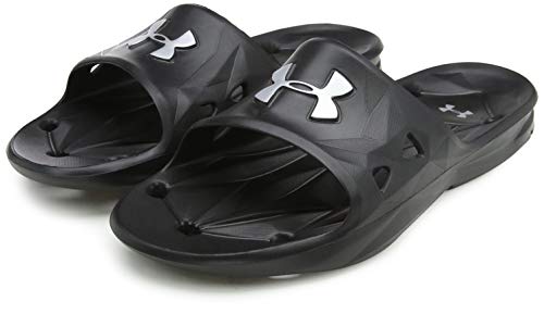 Under Armour Slides UA Locker III Chanclas de hombre, zapatos para playa de secado rápido, chanclas con correa ideales para el vestuario y la piscina, Black/Metallic Silver (001), 8