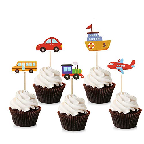 Unimall Global - 30 piezas para transportar cupcake Topper coche camión barco avión tren cupcake Picks Babyparty Geburtstagsfeier decoración entregas