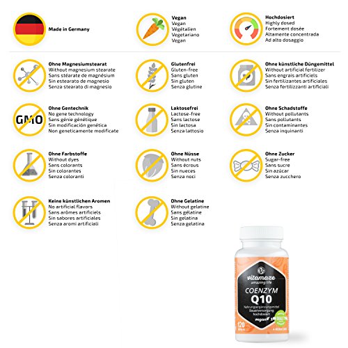 Vitamaze® Coenzima Q10 200 mg por Cápsula Vegano, 120 Cápsulas para 4 Meses, Contiene Ubiquinona, Naturales Antioxidantes de la Mejor Biodisponibilidad, Calidad Alemana, sin Aditivos Innecesarios