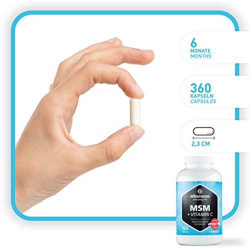 Vitamaze® MSM Capsulas con Vitamina C, 360 Capsulas durante 6 Meses, 1334 mg de Dosis Diaria de Micronizado Azufre Polvo Organico, 99,9% de Metilsulfonilmetano Puro, Suplemento de calidad de Alemania