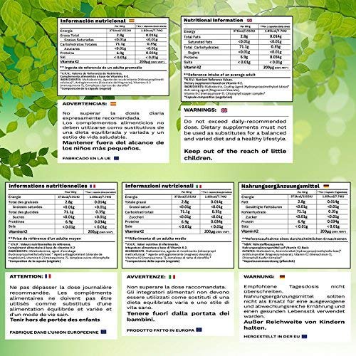 Vitamina K2 MK7. Suplemento Natural . Protege Corazón, Cerebro. Huesos Fuertes. 180 Cápsulas de Clorofila 200mg. VEGANO. Dosis: 1 al día. CE. N2 Natural Nutrition