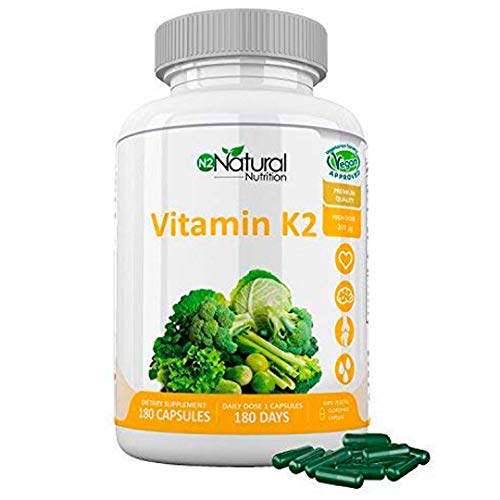 Vitamina K2 MK7. Suplemento Natural . Protege Corazón, Cerebro. Huesos Fuertes. 180 Cápsulas de Clorofila 200mg. VEGANO. Dosis: 1 al día. CE. N2 Natural Nutrition
